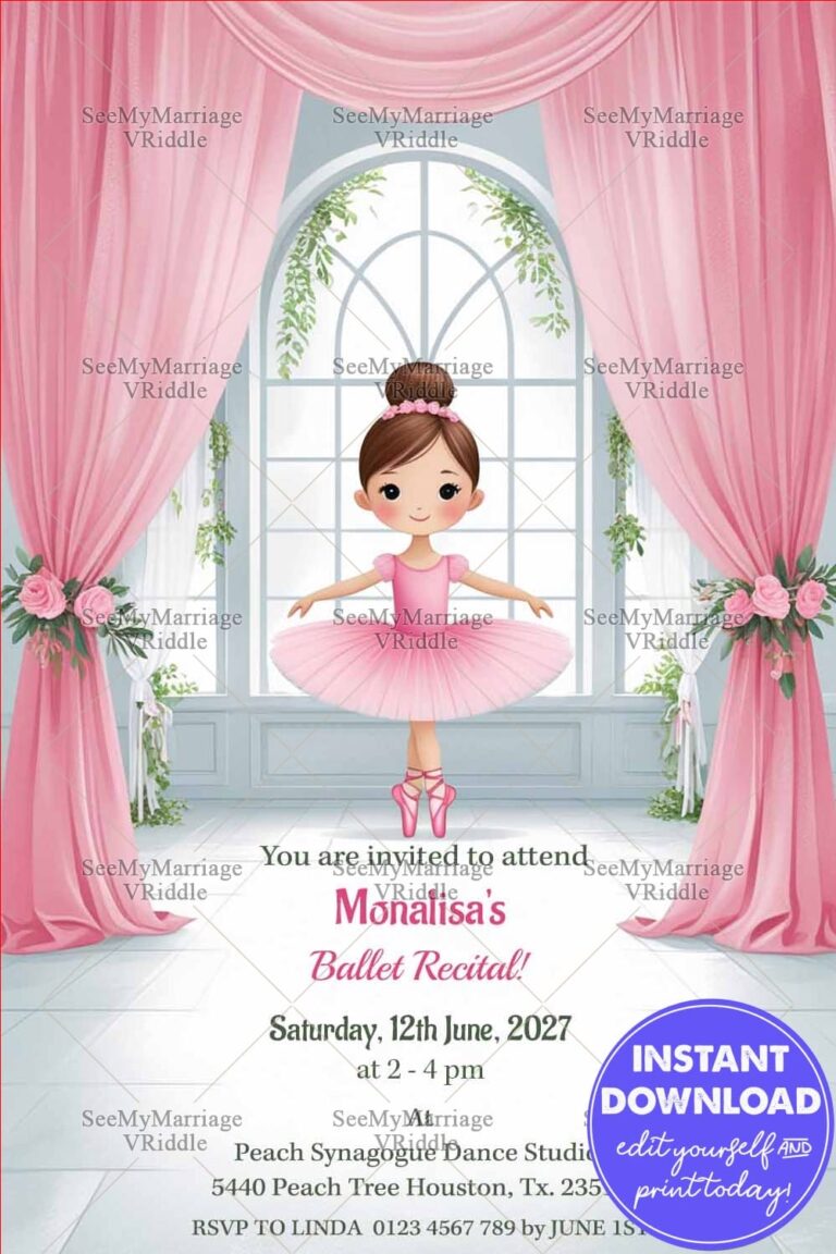 Ballet Recital Invitation Card with Cute Girl Dance Pink Tutu and Floral Curtains