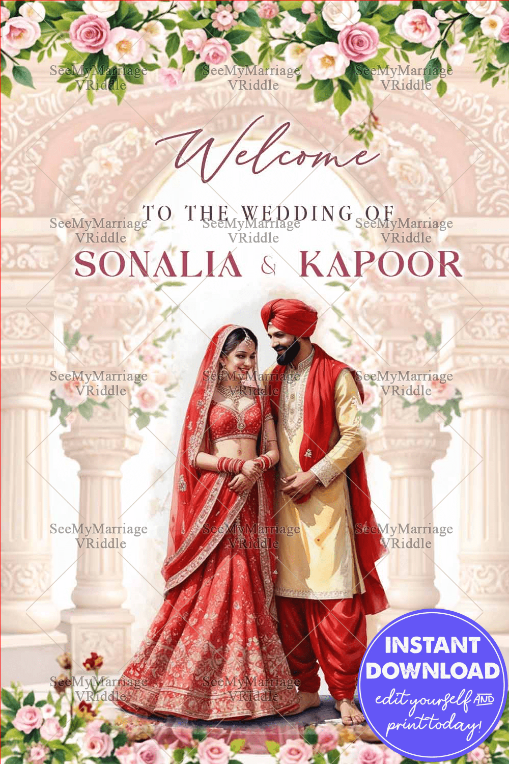 Grand Welcome Sign Boards with Regal Red Punjabi Couple Rose Florals, and Traditional Architecture