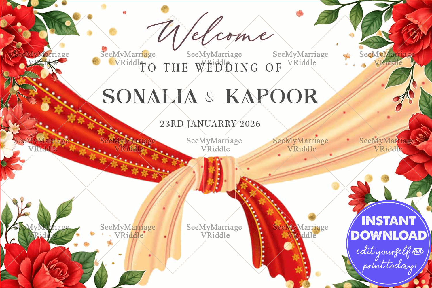 Welcome Banner with Saree Knot Design in Traditional Red-Gold and Floral Accents