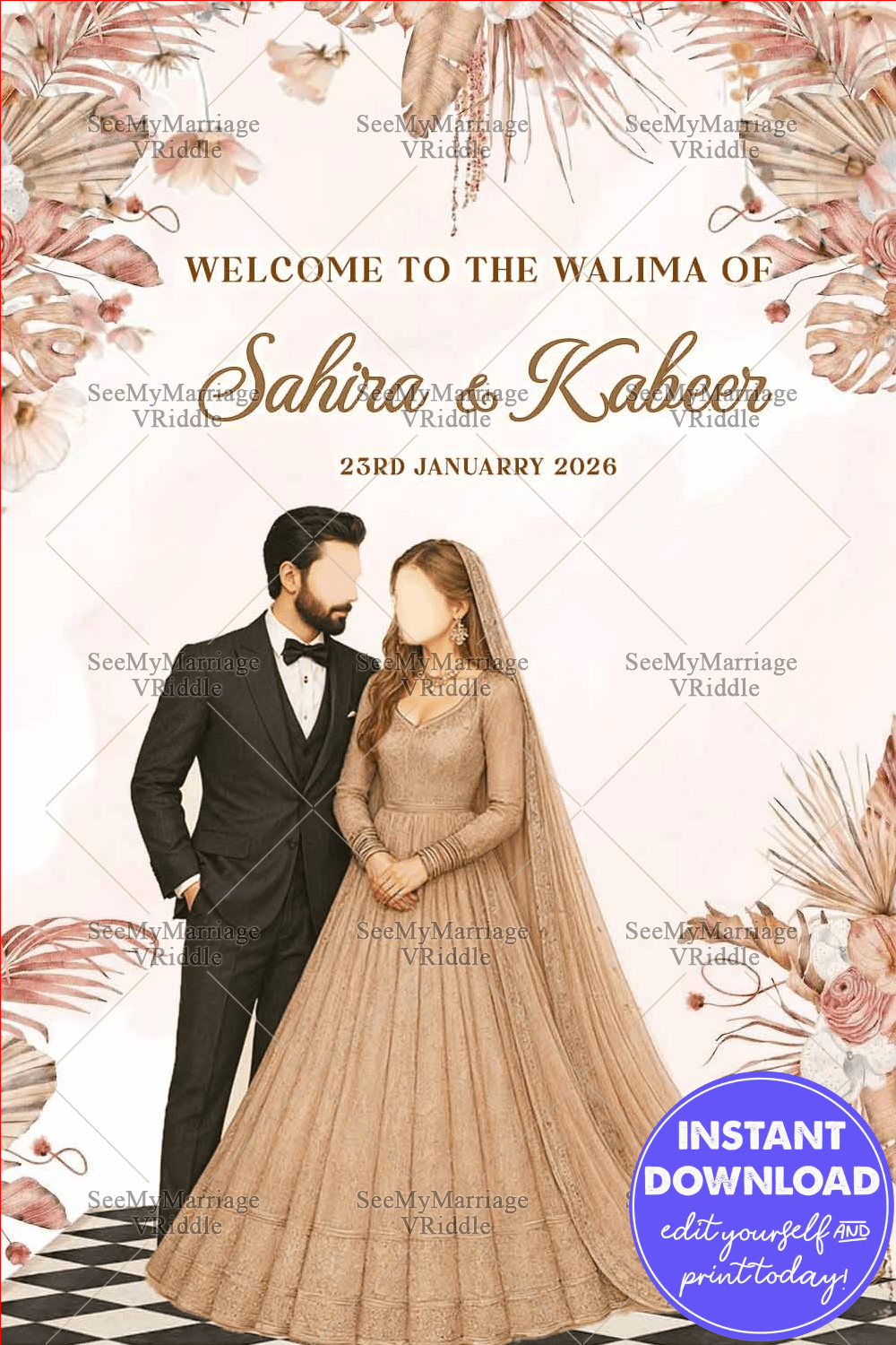 Walima Welcome Sign Board Featuring Elegant Beige Couple Illustration & Soft Boho Florals