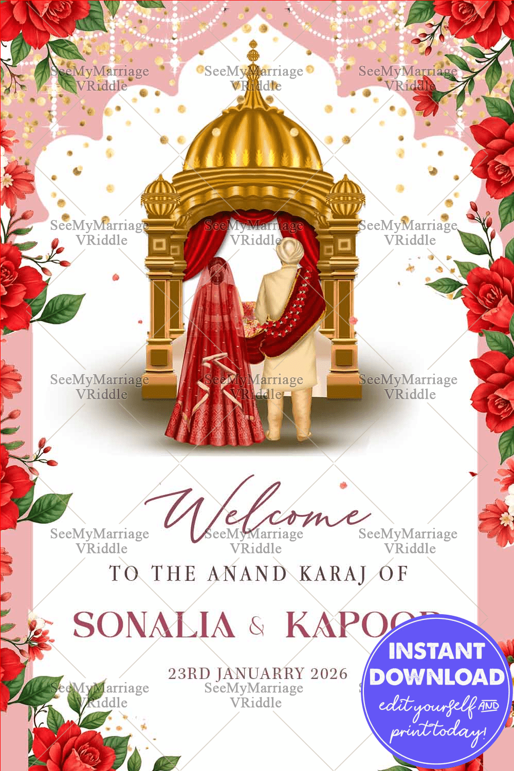 Anand Karaj Welcome Sign Board with Traditional Couple, Red Floral Theme & Golden Mandap