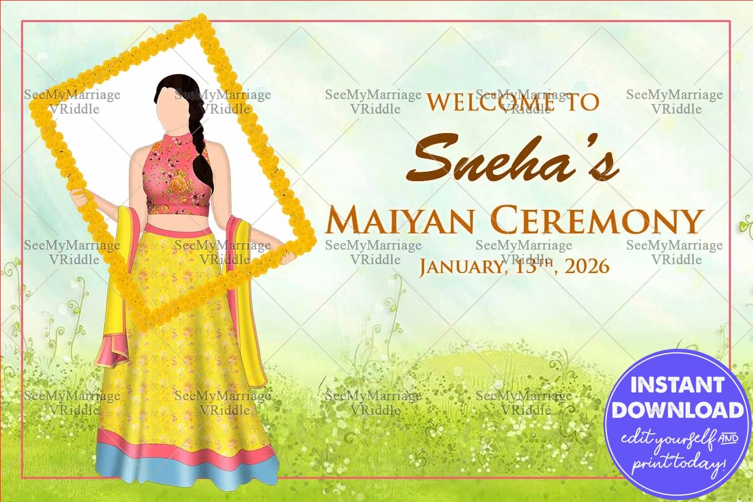 Maiyan Ceremony Welcome Sign Board with Bride Holding a Marigold Flower Frame and Meadow