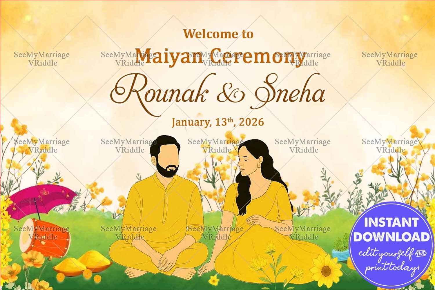 Couple in Yellow Bliss Maiyan Ceremony Welcome Sign Board with Floral Elements and Turmeric Decor