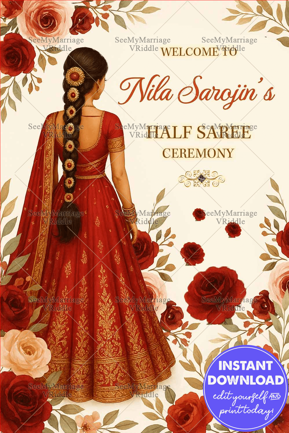 Elegant Welcome Sign Board for Half Saree Ceremony – Featuring Girl in Red, Rose Blooms & Gold Accents