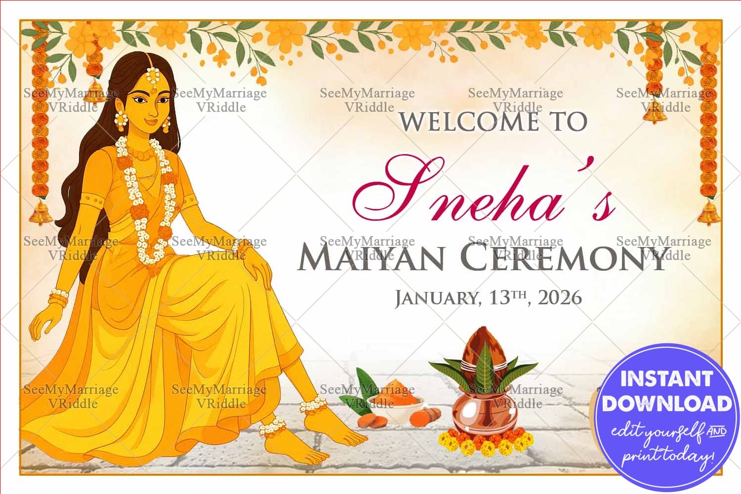 Maiyan Ceremony Bride Celebration Welcome Sign Board with Yellow-Clad Bride Illustration and Floral Decor