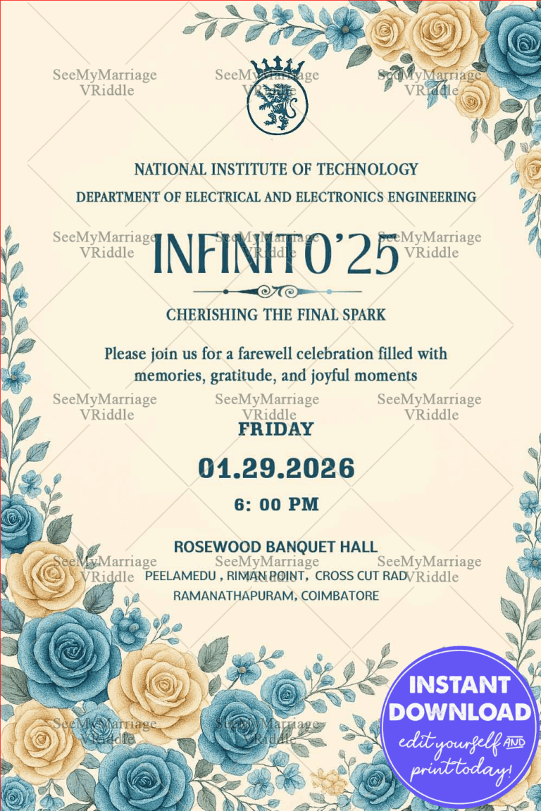 Farewell Invitation in cream background with soft blue and golden-yellow floral illustrations