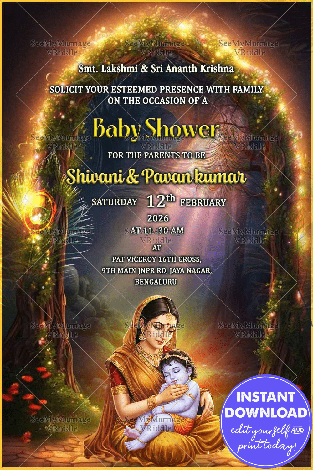 Divine Baby Shower Invitation Featuring Yashoda-Krishna Theme with Traditional Illustration