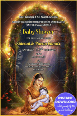 Divine Baby Shower Invitation Featuring Yashoda-Krishna Theme with Traditional Illustration
