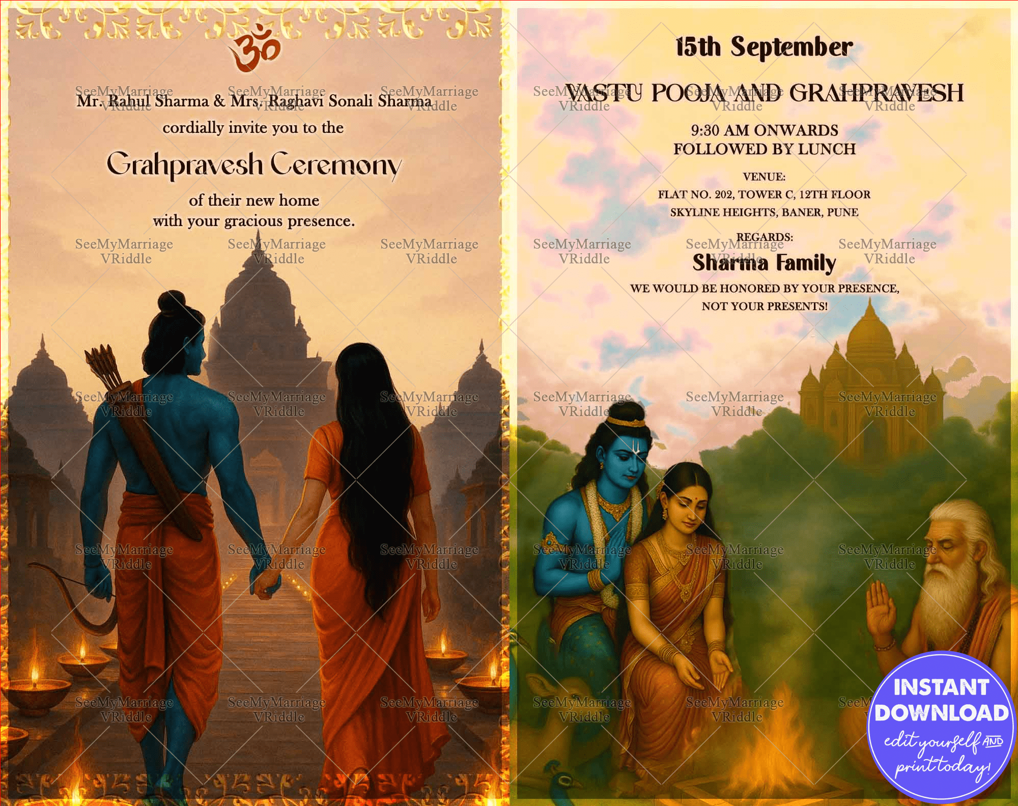 Divine Housewarming Invitation with Shri Ram & Sita Illustration – A Sacred Grahpravesh Card Design