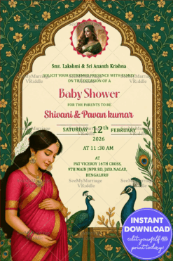 Elegant Baby Shower Invitation Featuring Traditional Pink-Green Theme with Floral Arch & Peacock Illustration