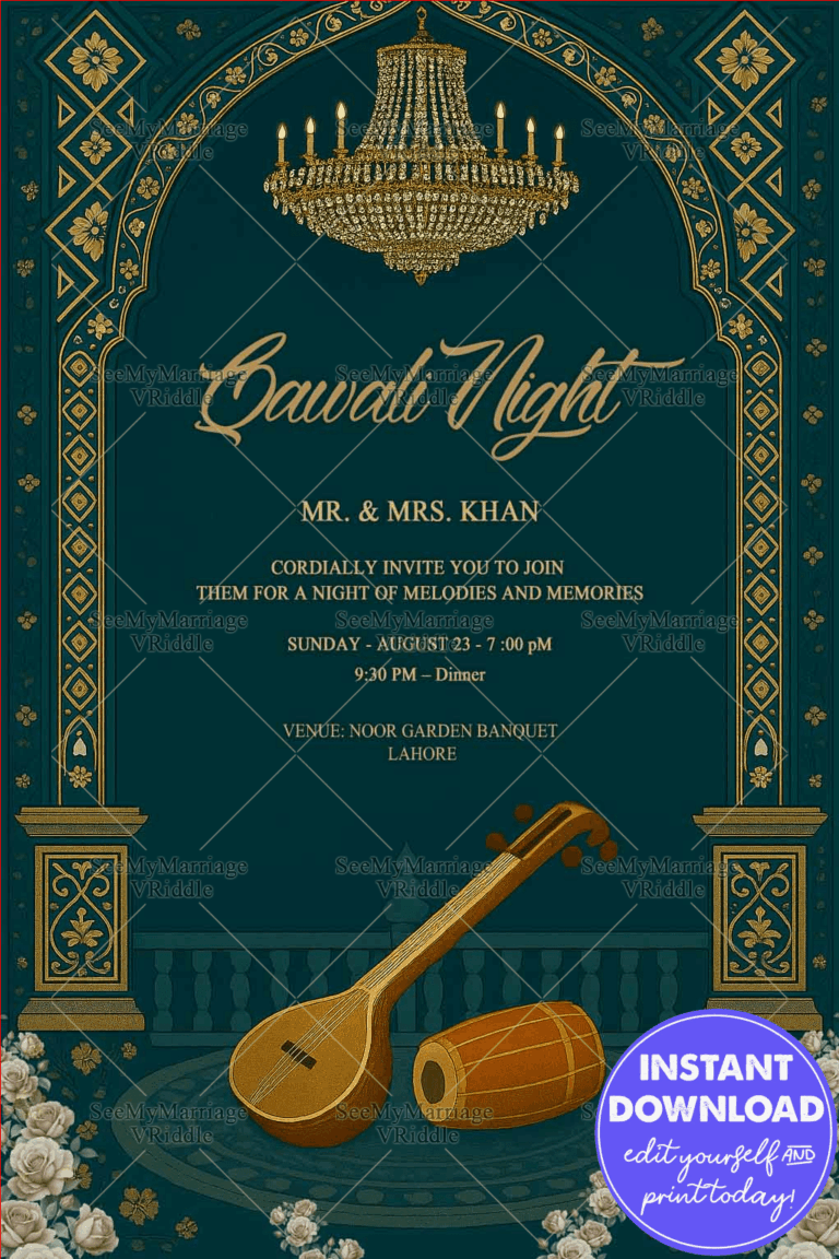 Royal Qawali Night Invitation Elegant Green and Gold Theme Musical Celebration
