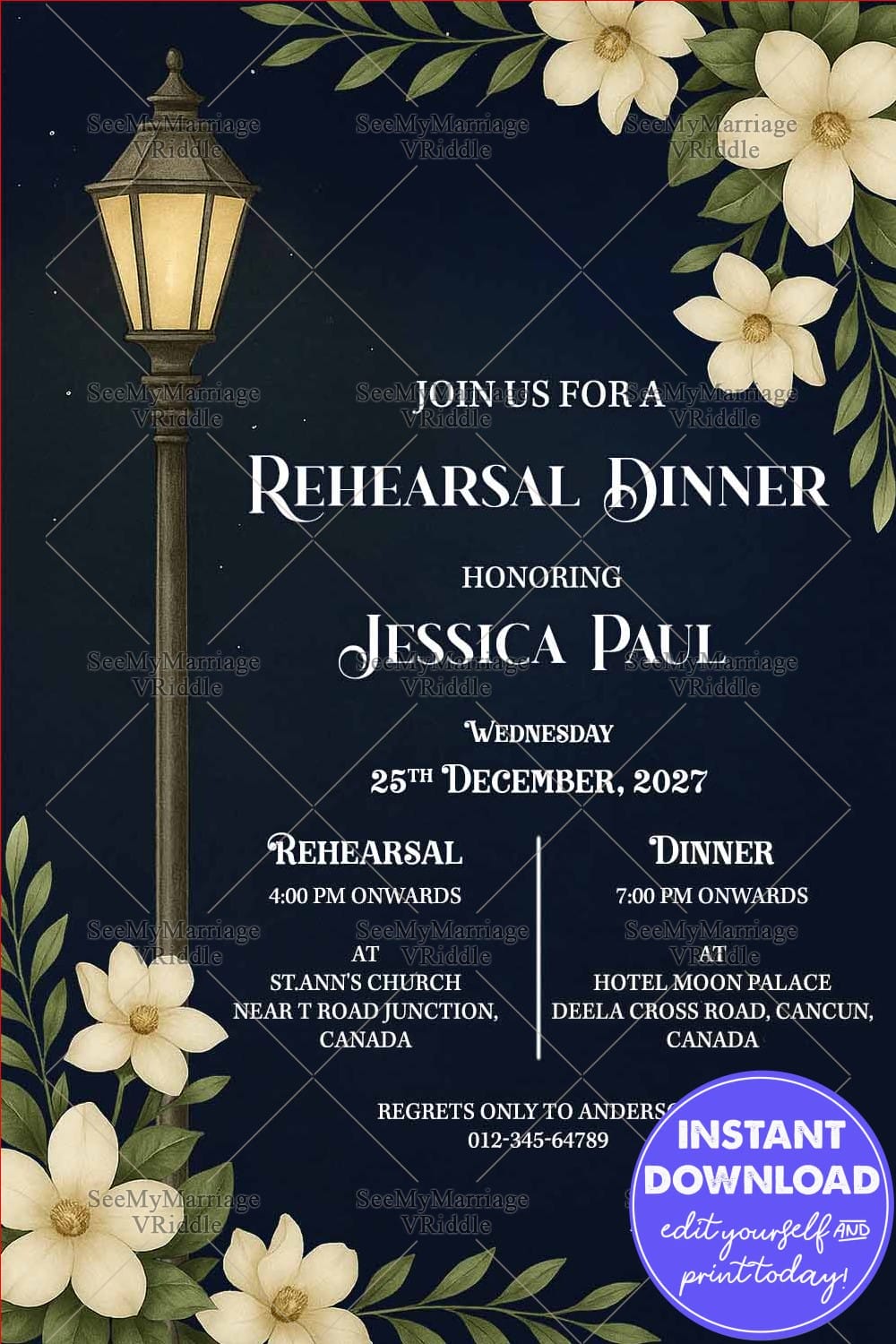 Magnolia New Orleans Rehearsal Dinner Invitation Card with Street Lamp and White Flowers