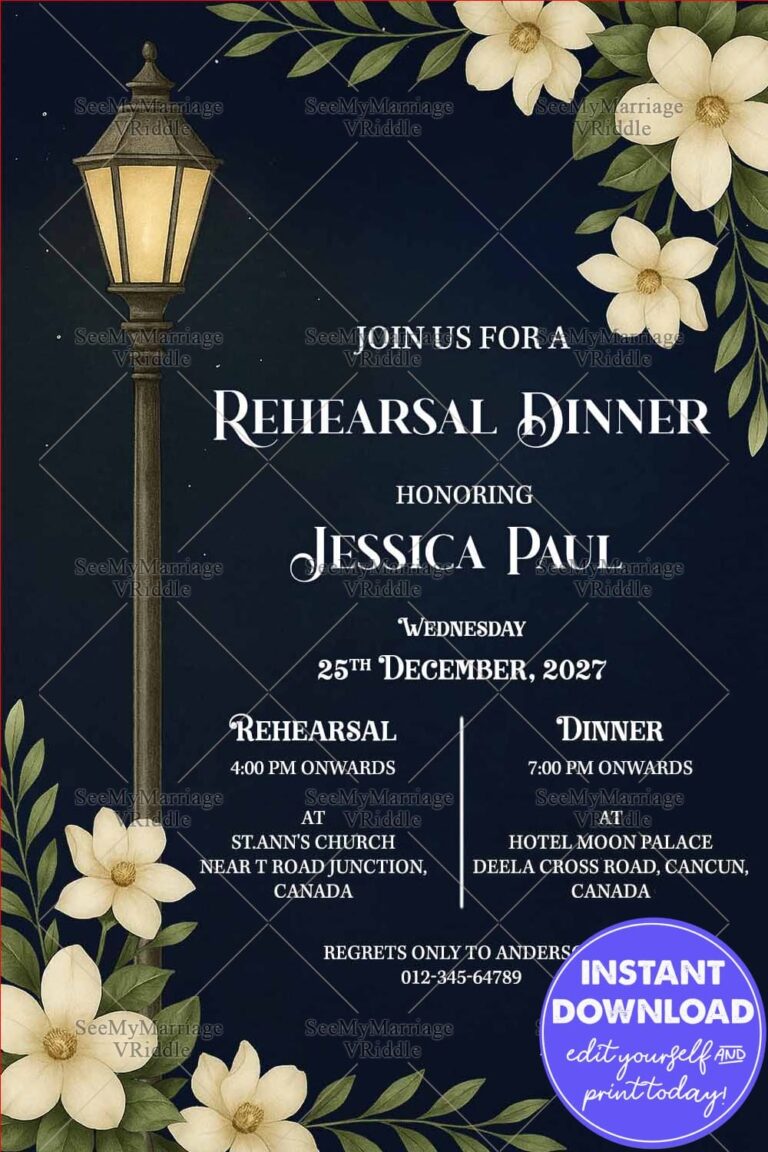 Magnolia New Orleans Rehearsal Dinner Invitation Card with Street Lamp and White Flowers