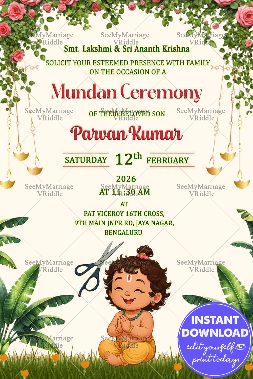 Blossoming Mundan Ceremony Invitation Traditional Floral Celebration with Adorable Baby Illustration