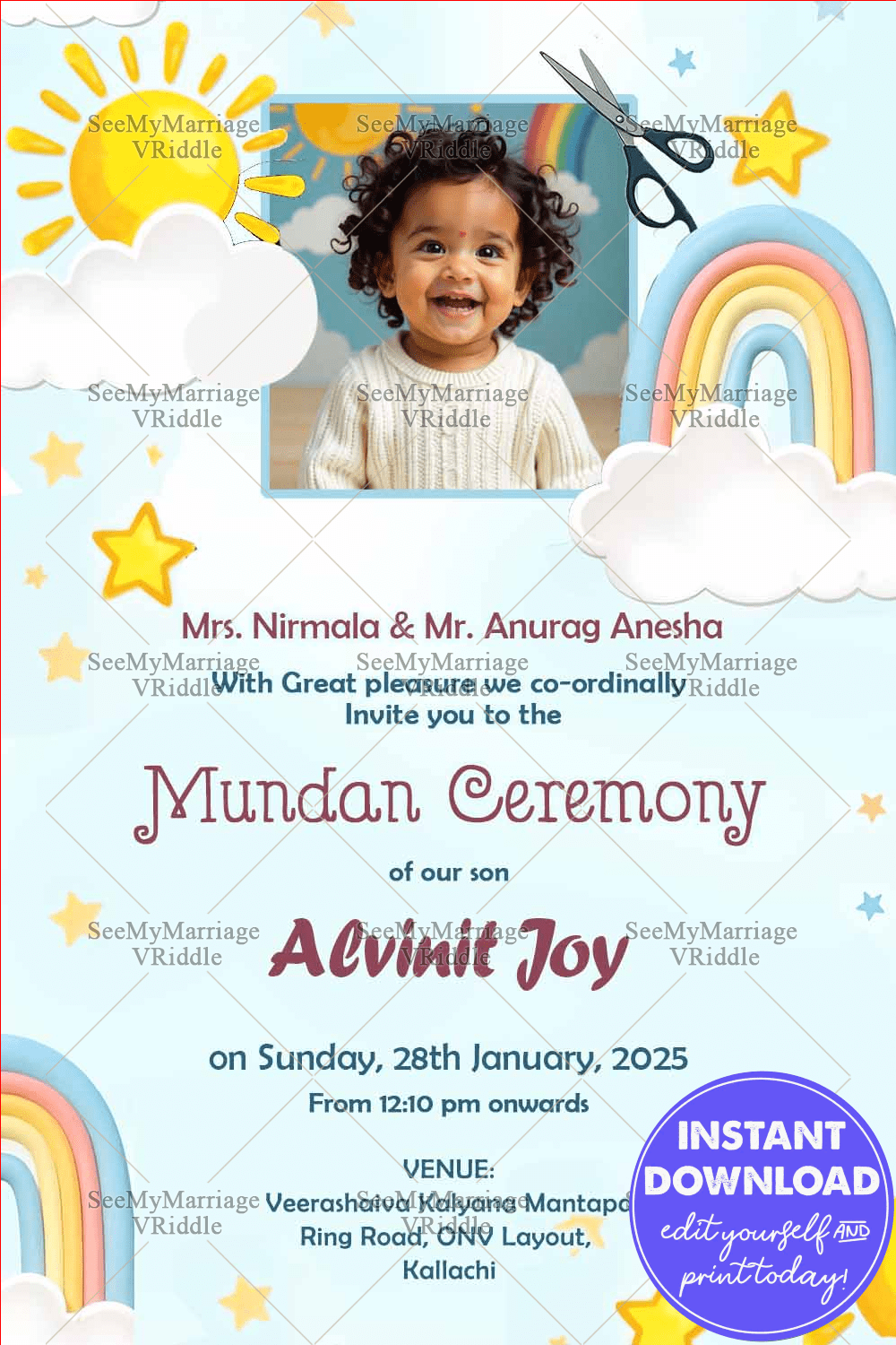 Whimsical Mundan Ceremony Invitation with Baby Photo and Pastel Rainbow Starry Sky Theme