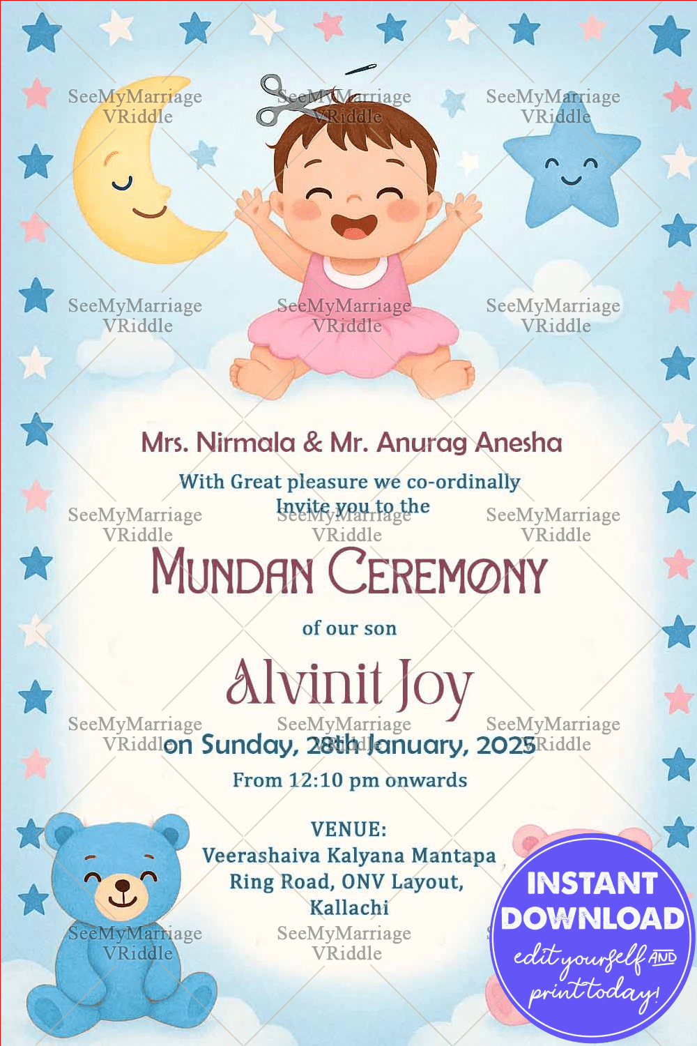 Adorable Mundan Ceremony Invitation with Moon Stars and Teddy Bear Baby Girl Theme