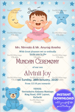 Adorable Mundan Ceremony Invitation with Moon Stars and Teddy Bear Baby Girl Theme
