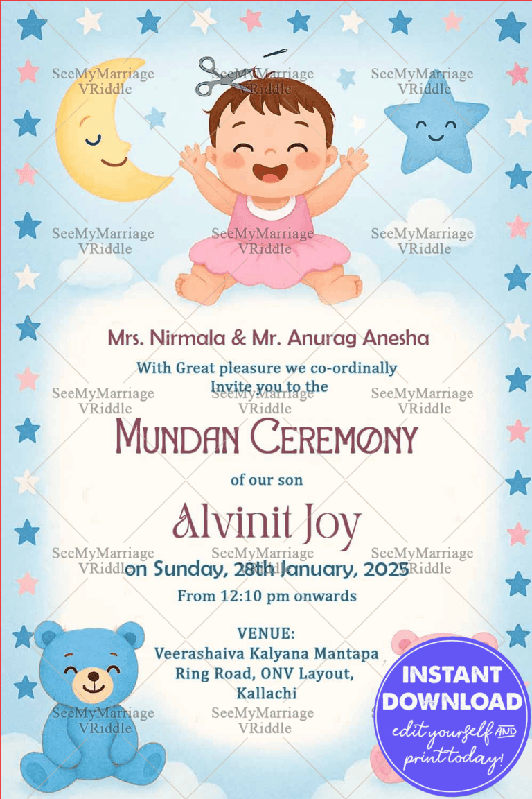 Adorable Mundan Ceremony Invitation with Moon Stars and Teddy Bear Baby Girl Theme