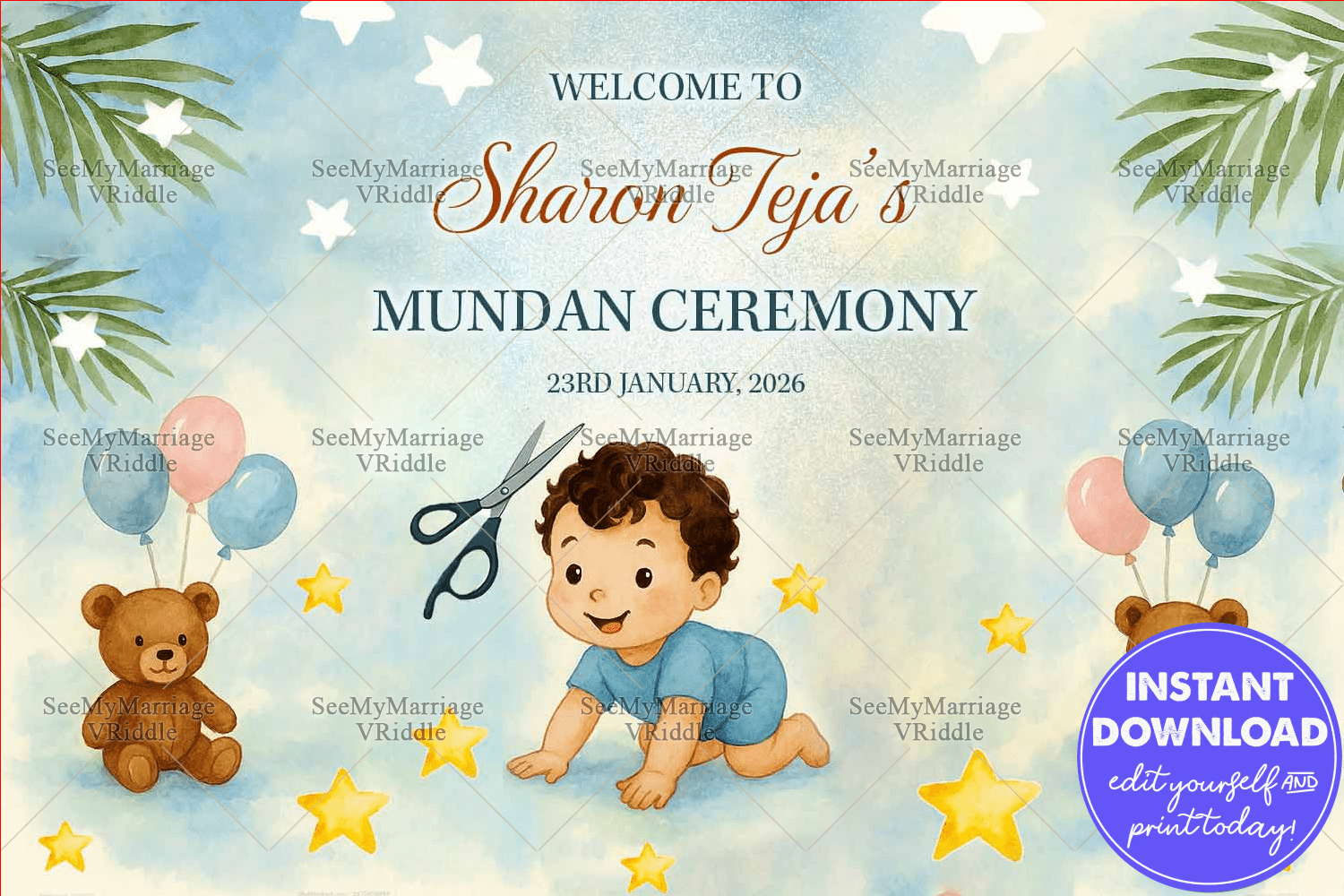 Mundan Ceremony Welcome Sign Board with Baby Illustration Teddy Bears in Watercolor Theme