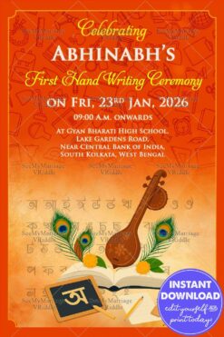 Hate Khori Celebration Invitation Card with Orange Theme, Books, Veena and Peacock Feathers
