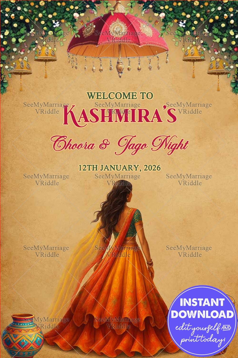 Choora & Jago Night Welcome Sign Bord with Bride in Back Pose and Umbrella, Dhol