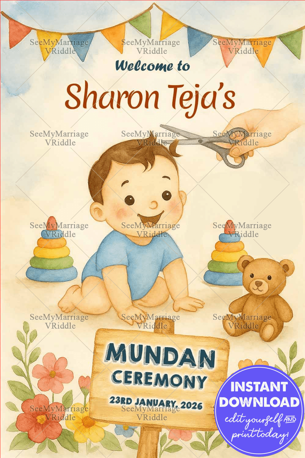 Mundan Ceremony Welcome Sign Board with Baby Illustration in Watercolor Cream Theme