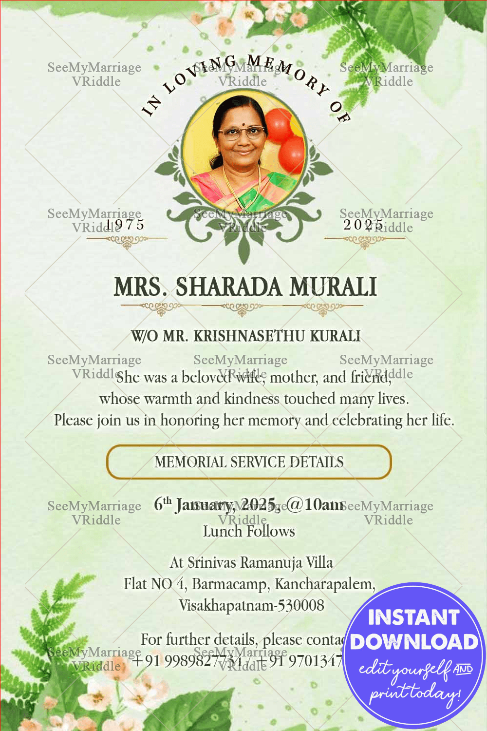 Green Floral Tribute Obituary Invitation Card for Life Celebration and Peaceful Farewell