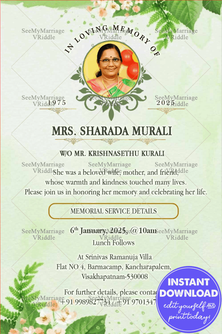 Green Floral Tribute Obituary Invitation Card for Life Celebration and Peaceful Farewell
