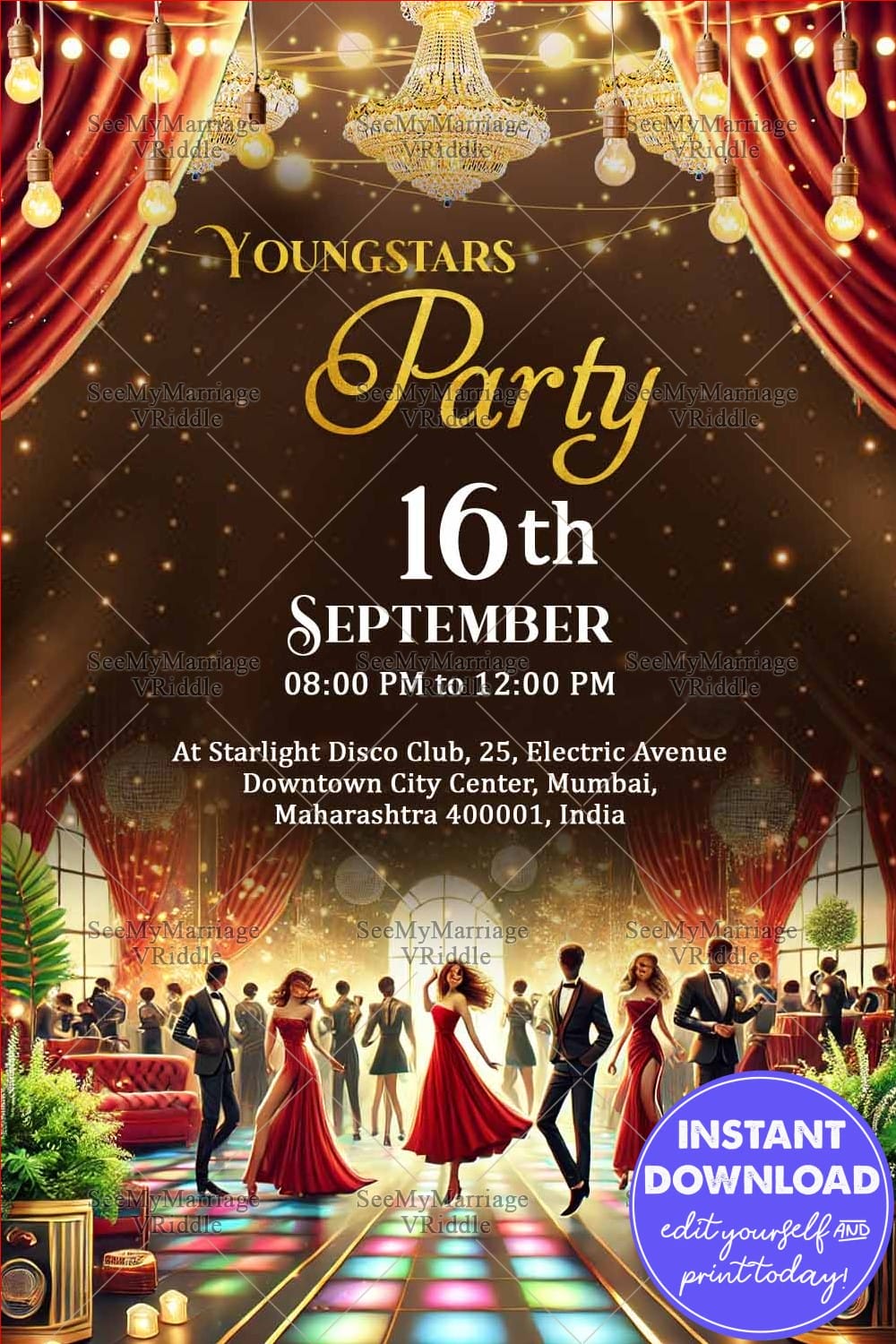Youngstars Party Invitation Card with Dance Floor Lights and Dancing Crowd Illustration