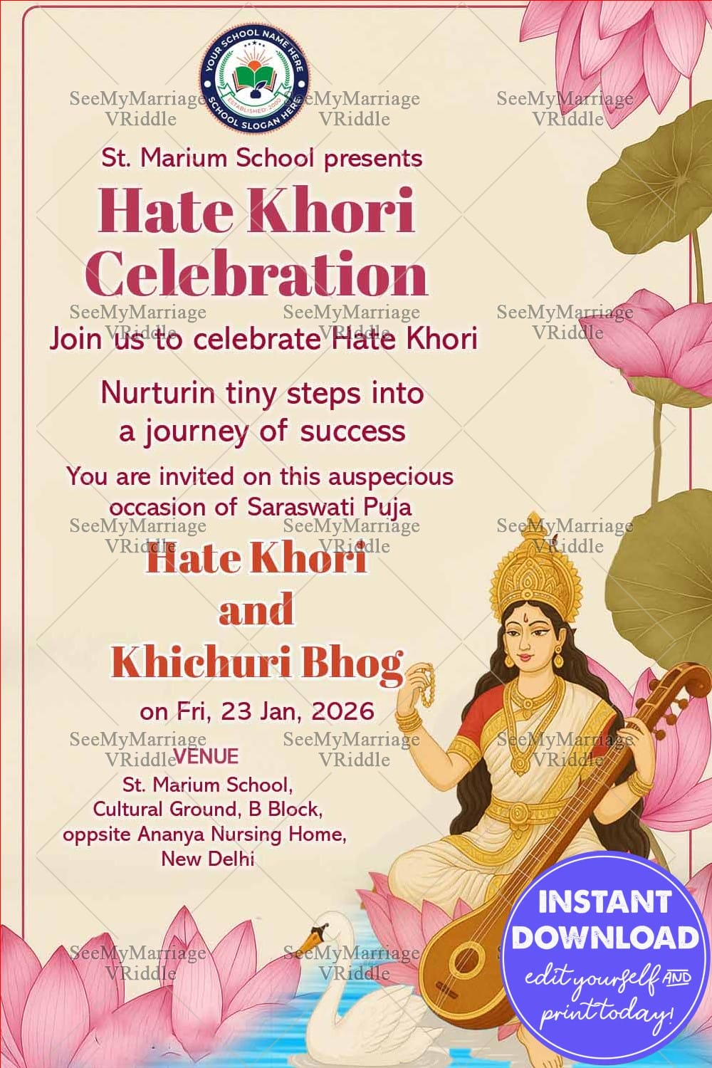 Saraswati Puja Hate Khori Invitation Card with Cream Theme and Lotus Design