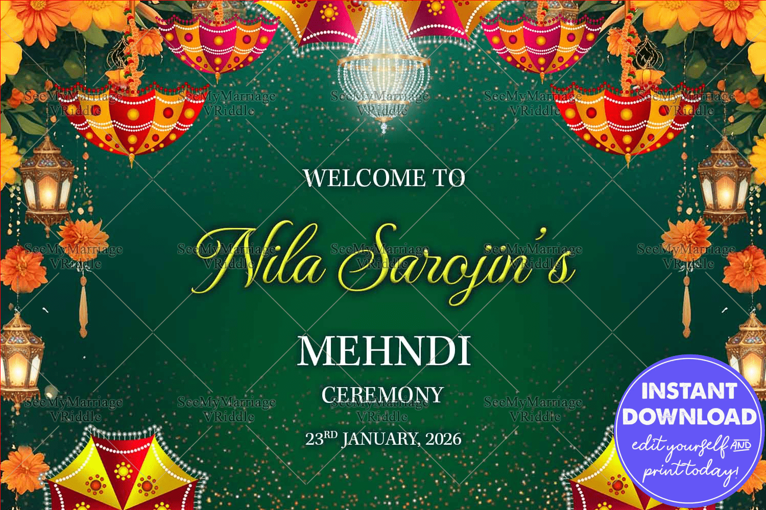 Mehndi Ceremony Welcome Sign in Green theme with Marigold Florals and Traditional Umbrella Decor