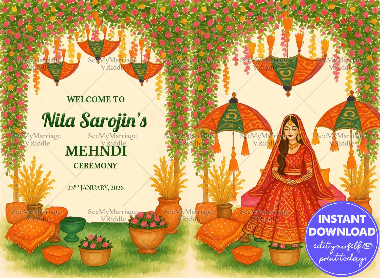 Traditional Mehndi Ceremony Welcome Sign Bord with Floral Arches, Colorful Umbrellas and Bride