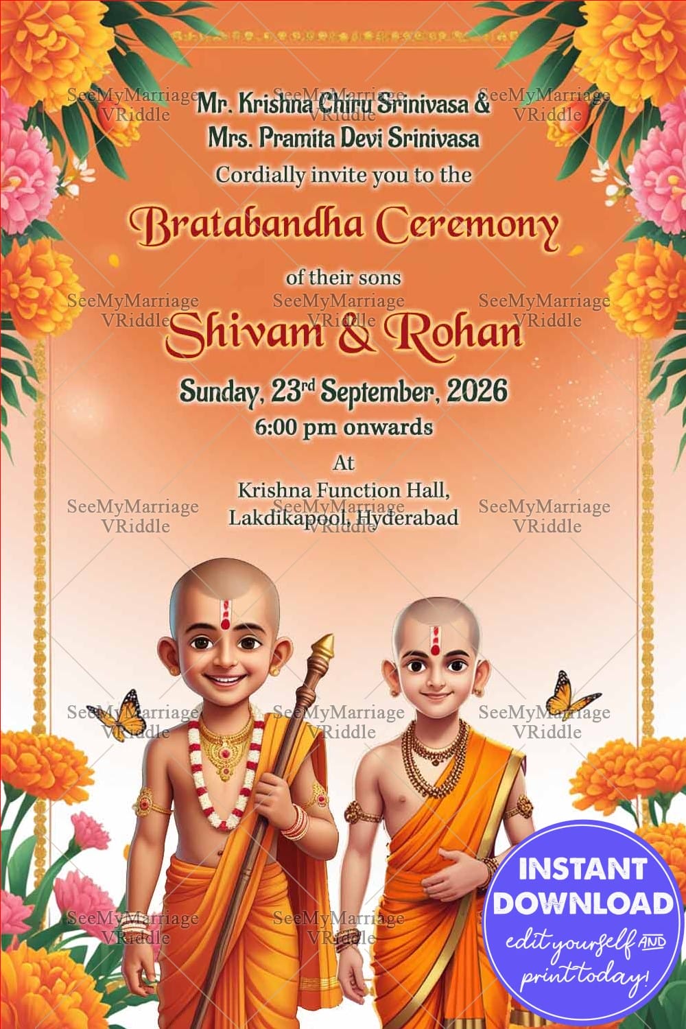 Nepali Bratabandha Ceremony with Twins Brothers and Orange Theme, Flowers