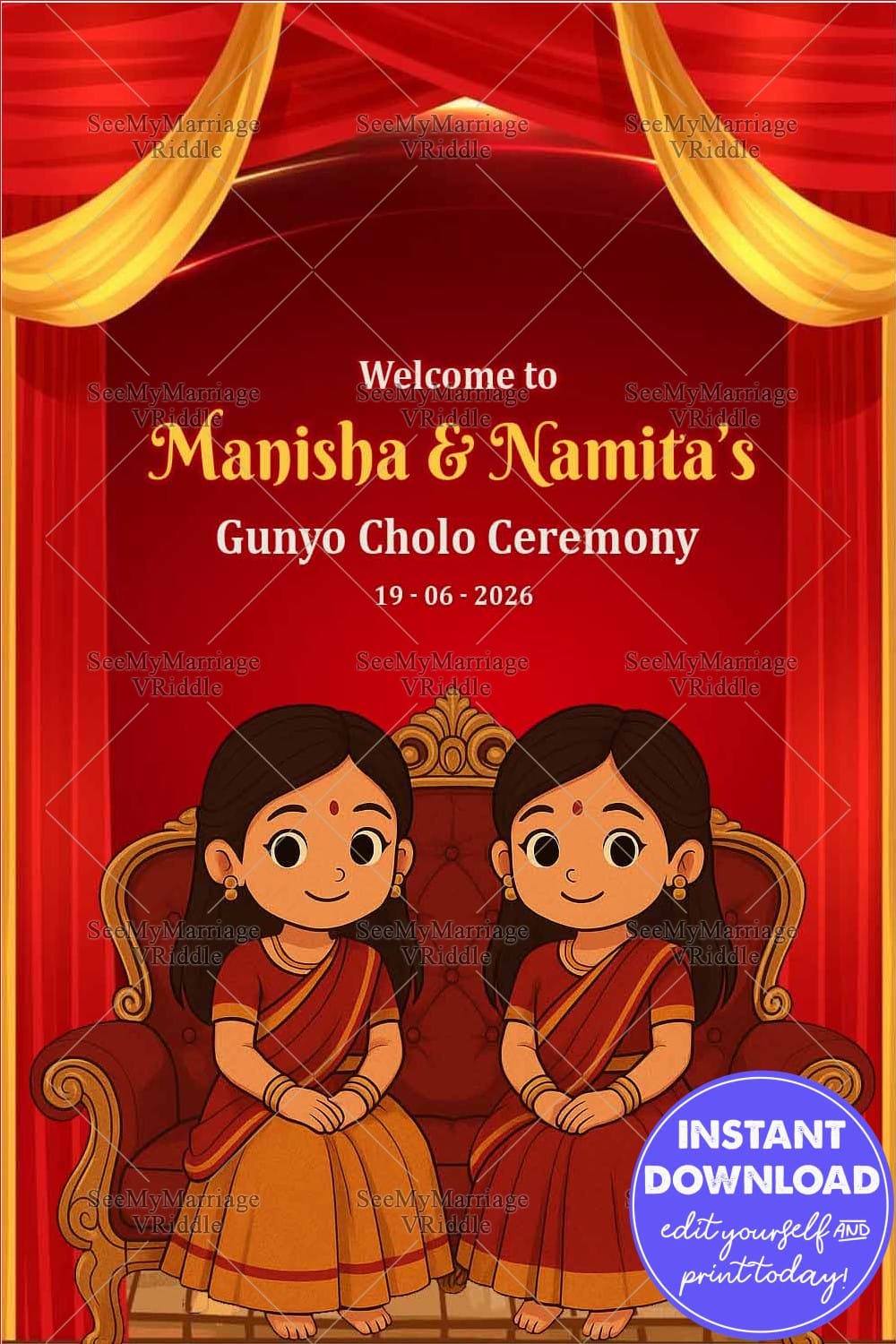 Twin Sister in Sari Gunyo Cholo Ceremony Welcome Sign Board with Red Theme and Royal Sofa