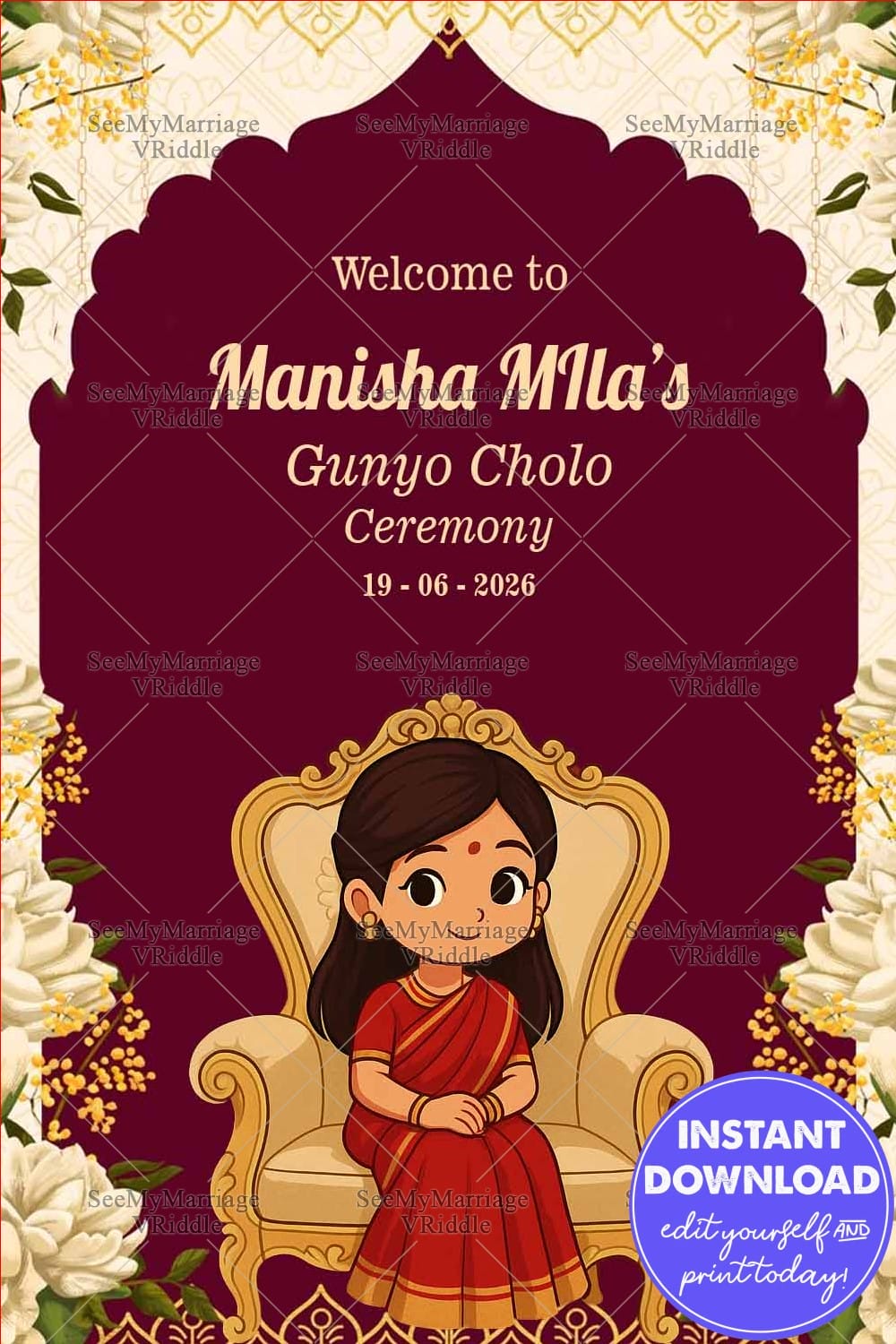 Red Sari Gunyo Cholo Ceremony Welcome Sign Board with Ghibli Maroon Background and Floral Arch