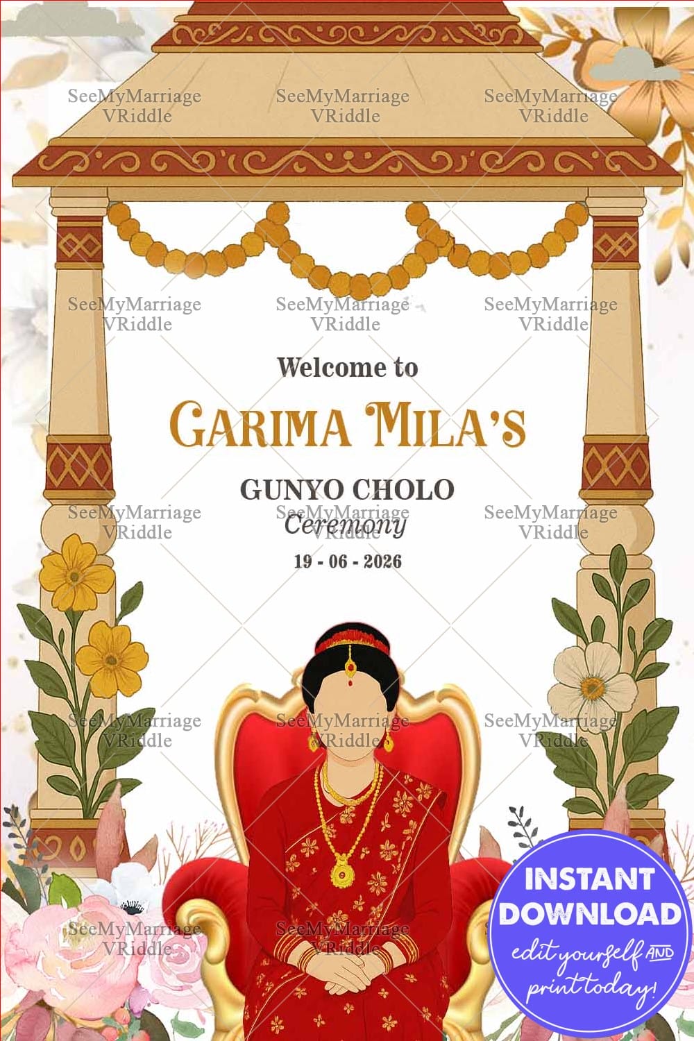 Gunyo Cholo Ceremony Welcome Sign Board with Seated Girl in Red Sari