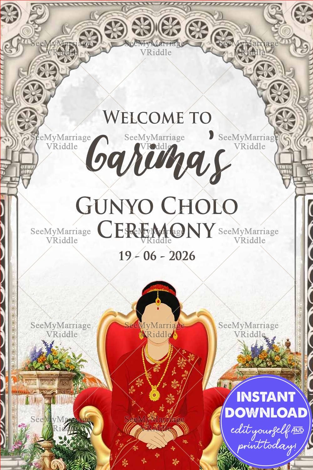 Gunyo Cholo Welcome Sign Board with Traditional Arch and Seated Girl Illustration
