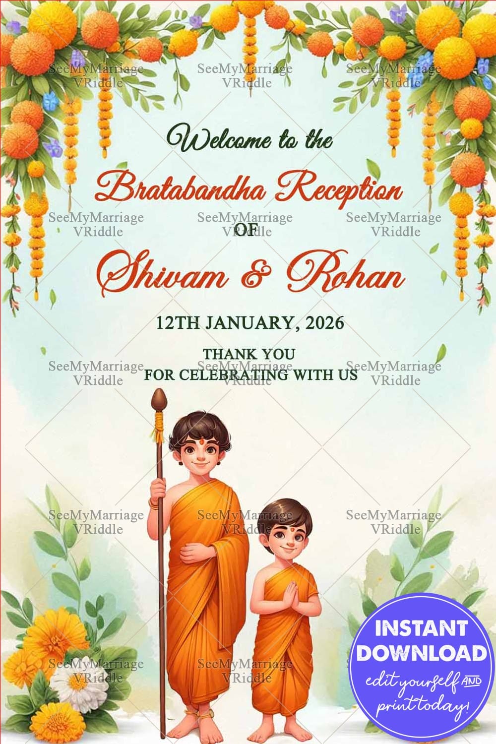 Welcome Sign Board for Bratabandha Reception Card with Illustrated Siblings in Traditional Attire