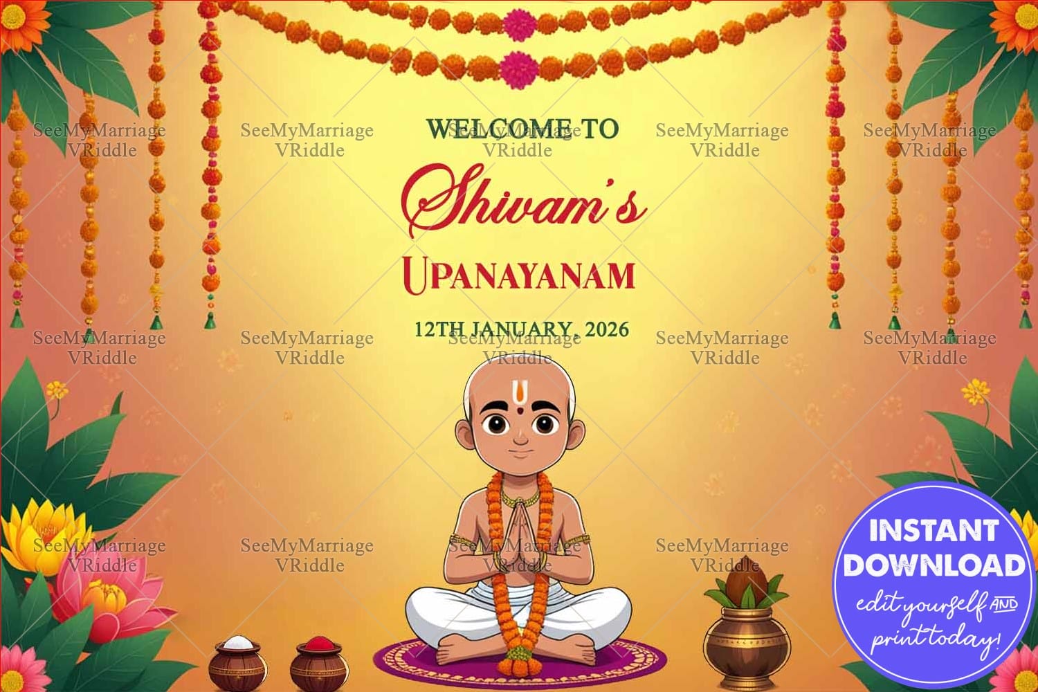 Marigold Decor Upanayanam Welcome Sign Board with Boy Illustration, Peaceful Background and Lotus Design