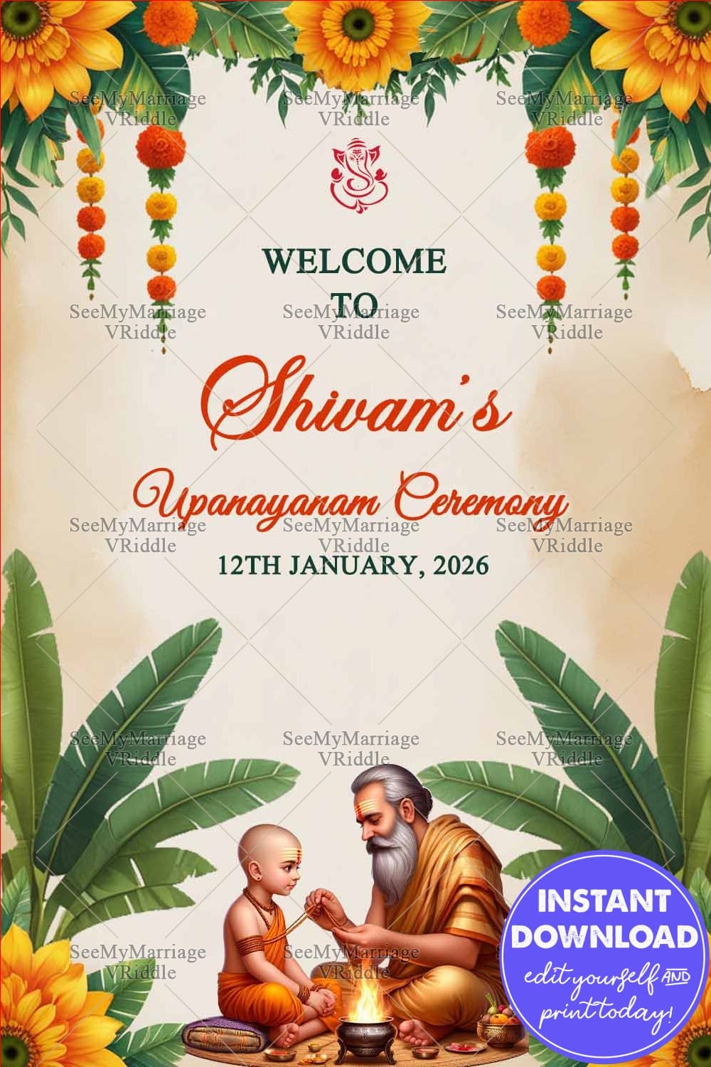 Welcome Sign Board for Upanayanam with Guru-Boy Ritual Illustration and Vedic Elements