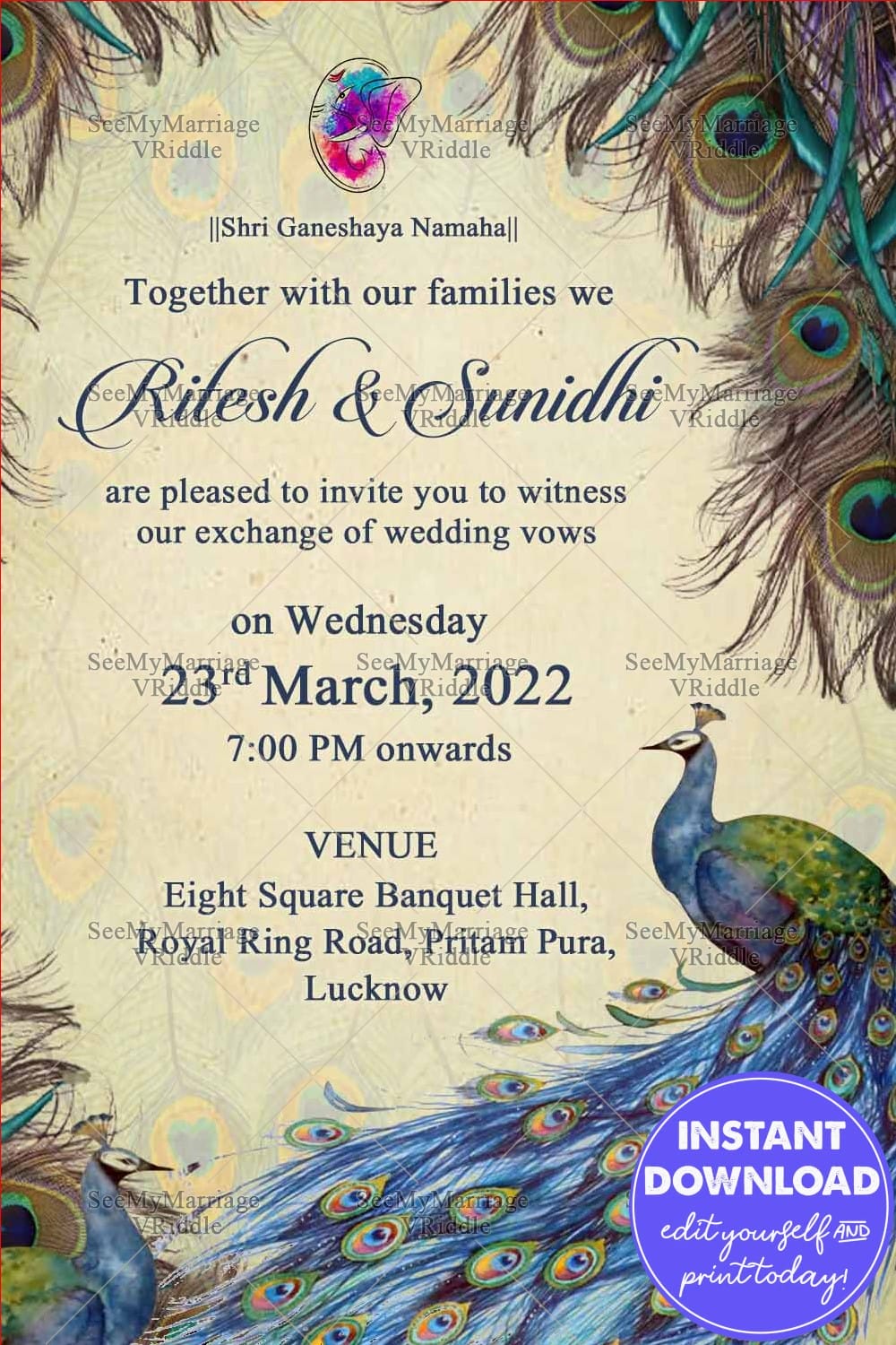 Vintage Peacock Theme Wedding Invitation Card with Feather Motif and Traditional Indian Design