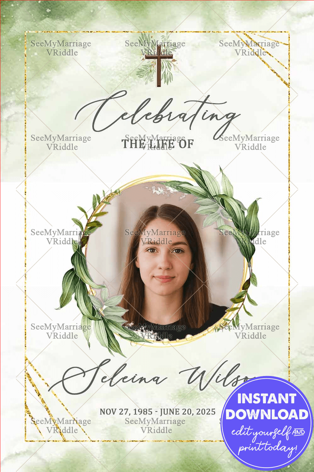 Green Watercolor Memorial Card Design with Photo Option – Elegant Christian Tribute