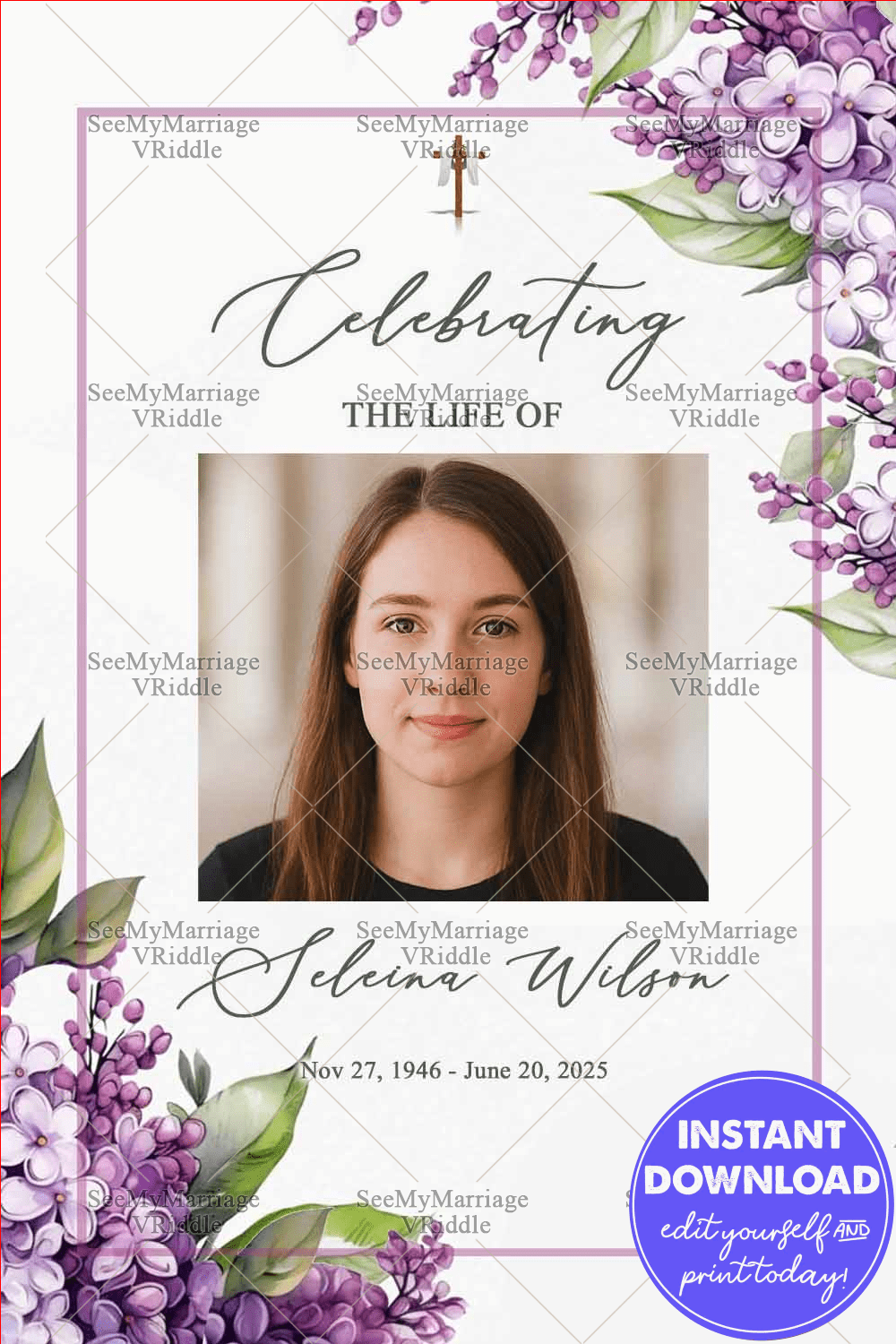 Christian Memorial Card Design with Photo Option featuring Lavender Flowers In White Theme
