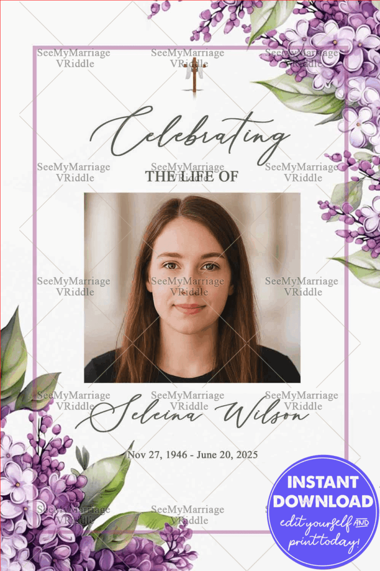 Christian Memorial Card Design with Photo Option featuring Lavender Flowers In White Theme