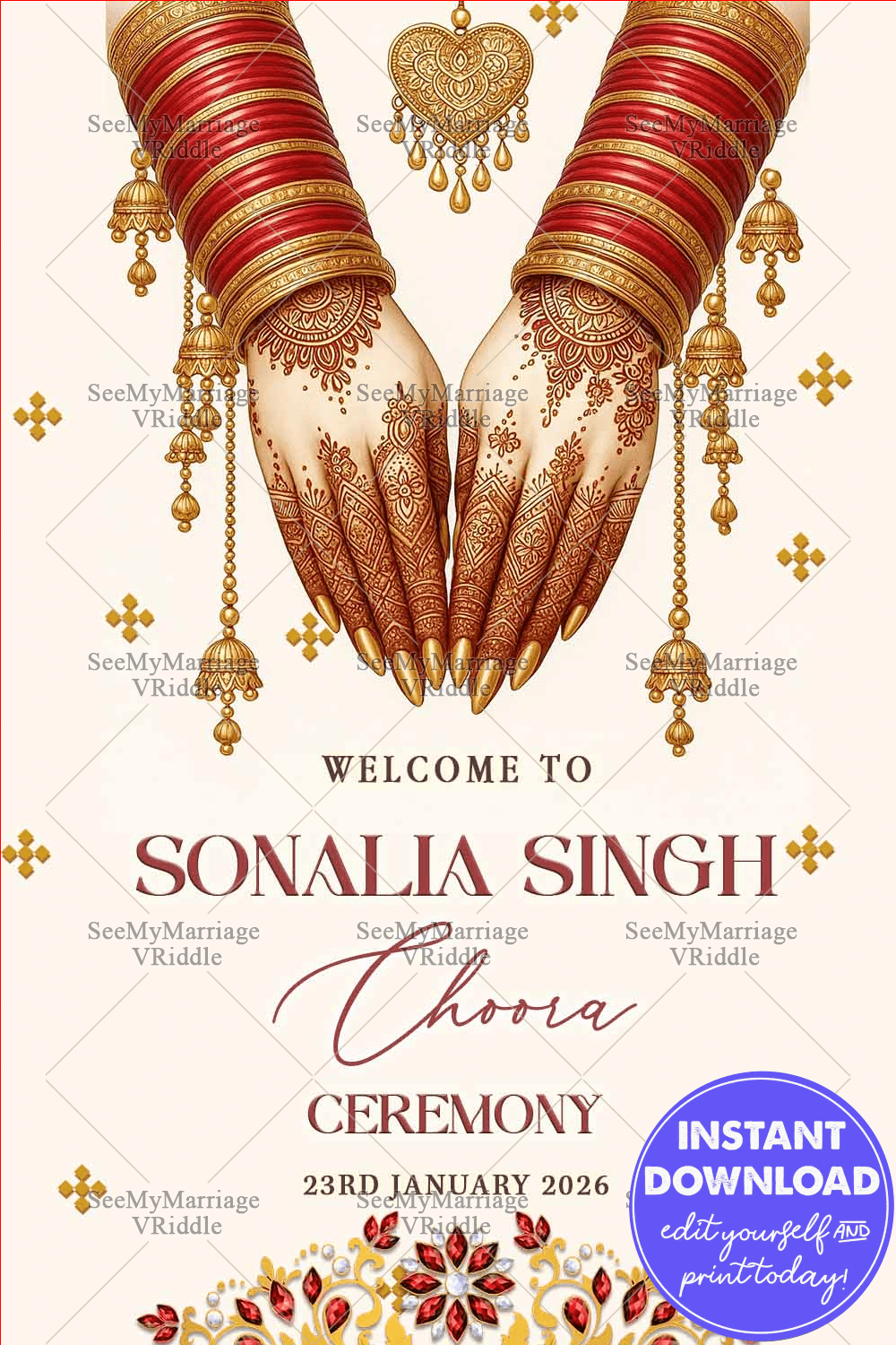 Traditional Choora Ceremony Welcome Sign Board Bride’s Hand Illustration with Red Bangles in white BG