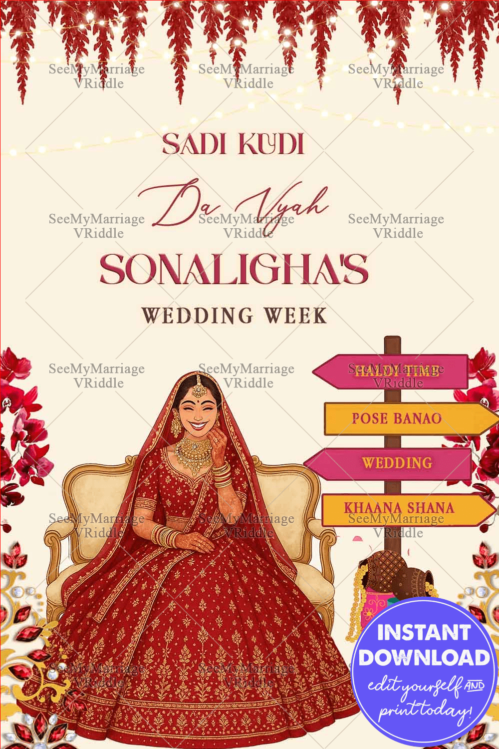 Punjabi Wedding Week Welcome Sign Board Bride Illustration with Event Details in Cream Background