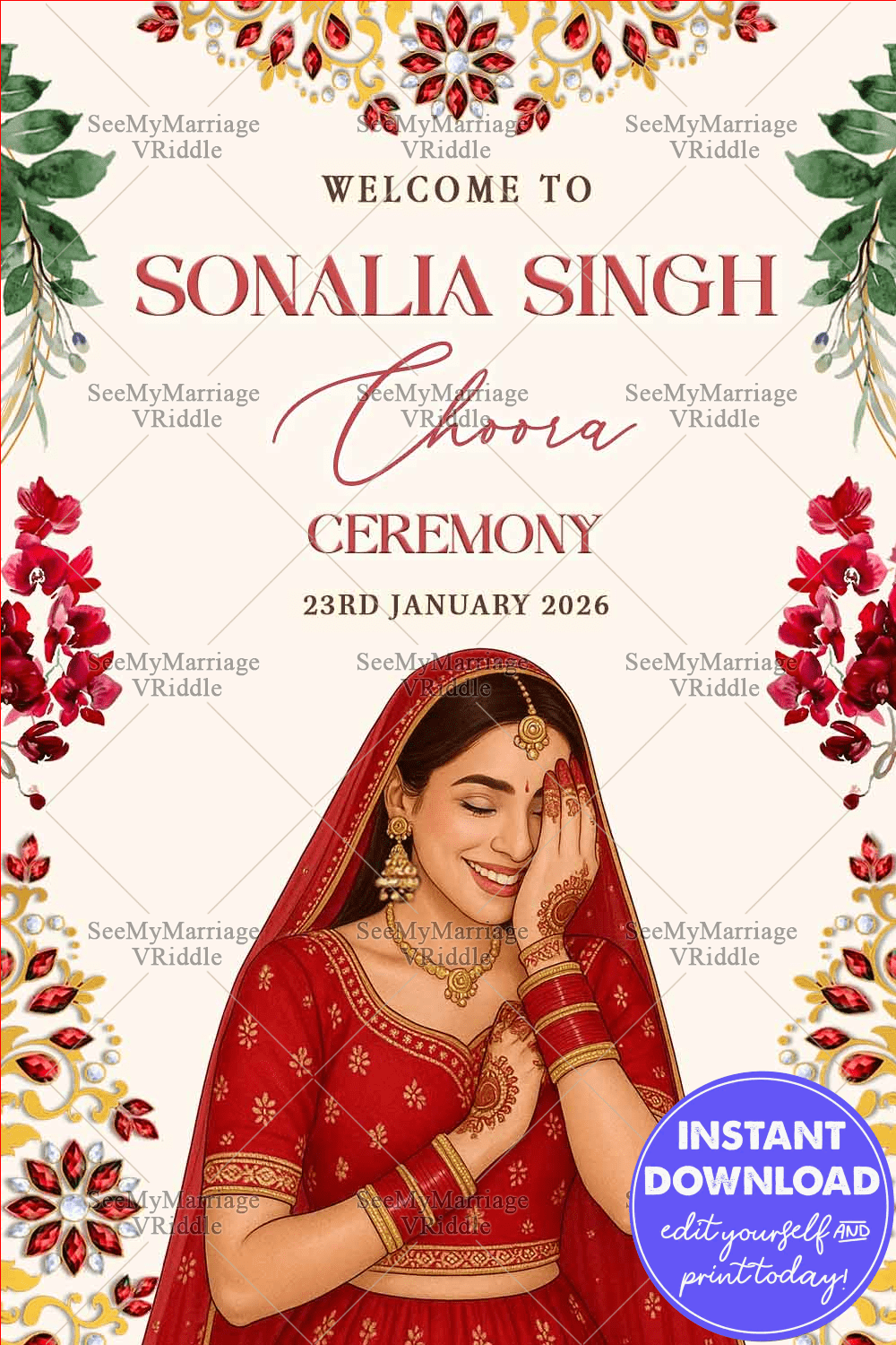 Floral Choora Ceremony Welcome Sign Board Bride Illustration with White Background and Red Accents