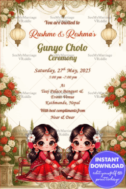 Twin Sisters’ Gunyo Cholo Ceremony Invitation Nepali Traditional Theme with Cute Girl Illustrations