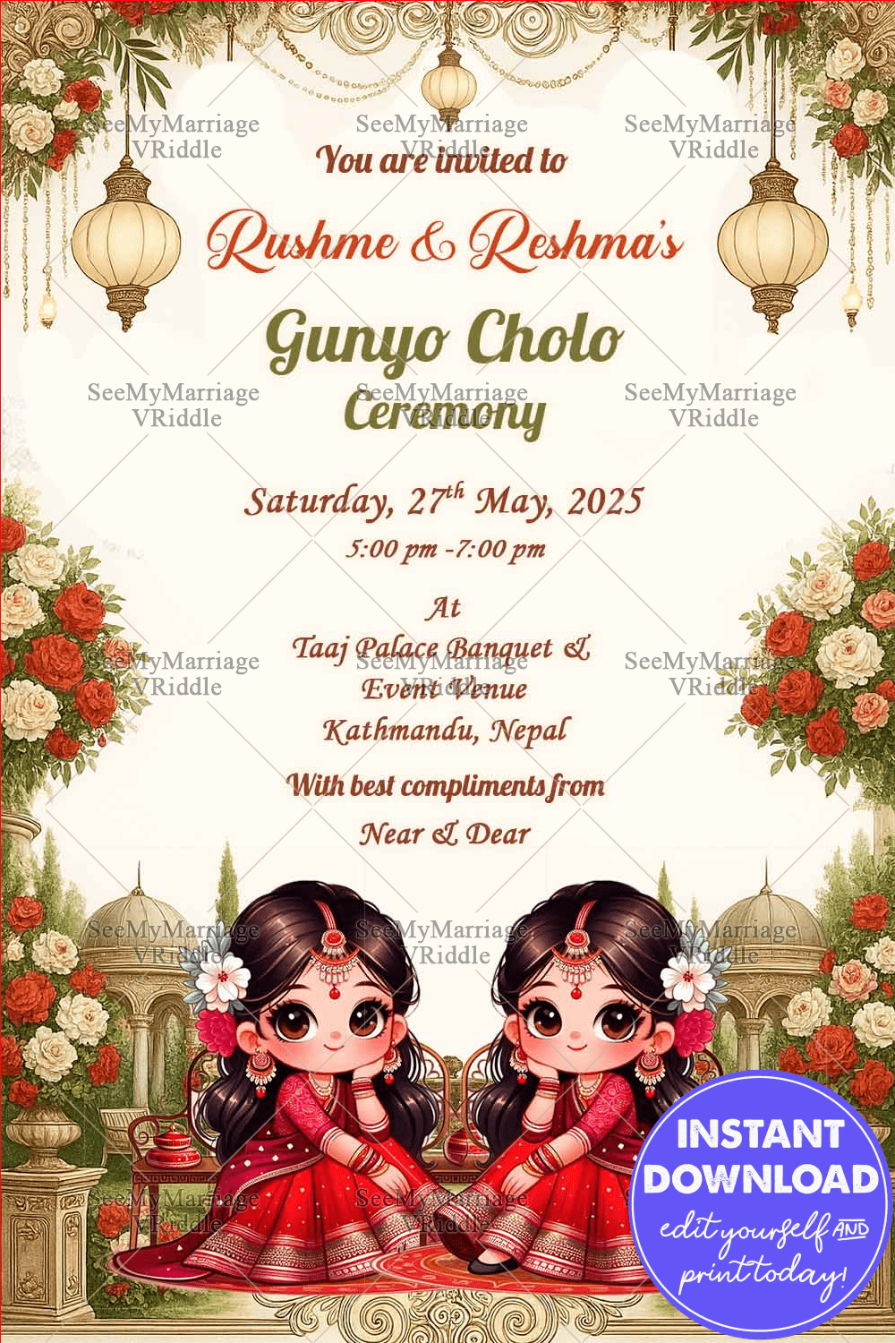Twin Sisters’ Gunyo Cholo Ceremony Invitation Nepali Traditional Theme with Cute Girl Illustrations