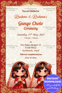 Nepali Traditional Red Theme Invitation for Gunyo Cholo Ceremony Twin Sisters with Cute Girl Illustrations